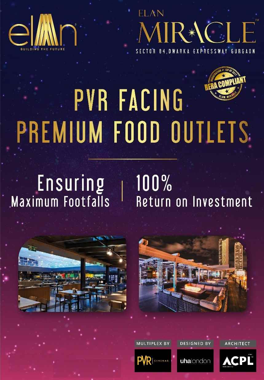 Book PVR facing premium food outlets at Elan Miracle in Gurgaon Update